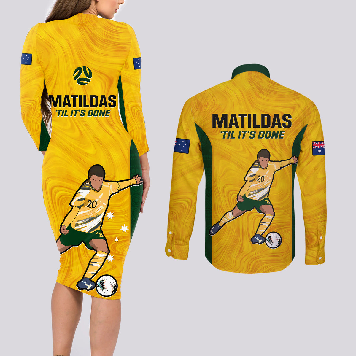 Australia Soccer Couples Matching Long Sleeve Bodycon Dress and Long Sleeve Button Shirts Sam Kerr Matildas Proud 2023 World Cup Yellow - Wonder Print Shop