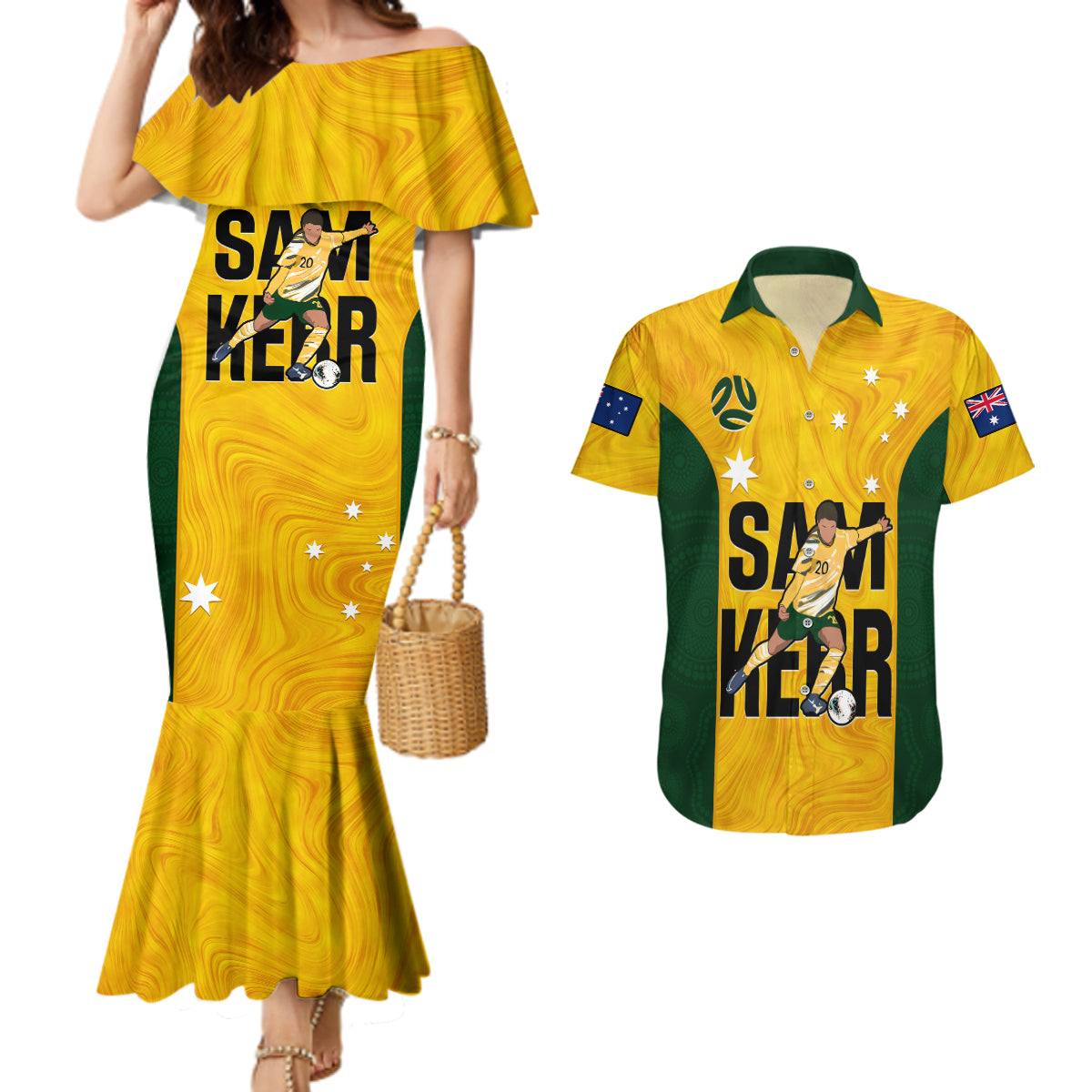 Australia Soccer Couples Matching Mermaid Dress and Hawaiian Shirt Sam Kerr Matildas Proud 2023 World Cup Yellow - Wonder Print Shop