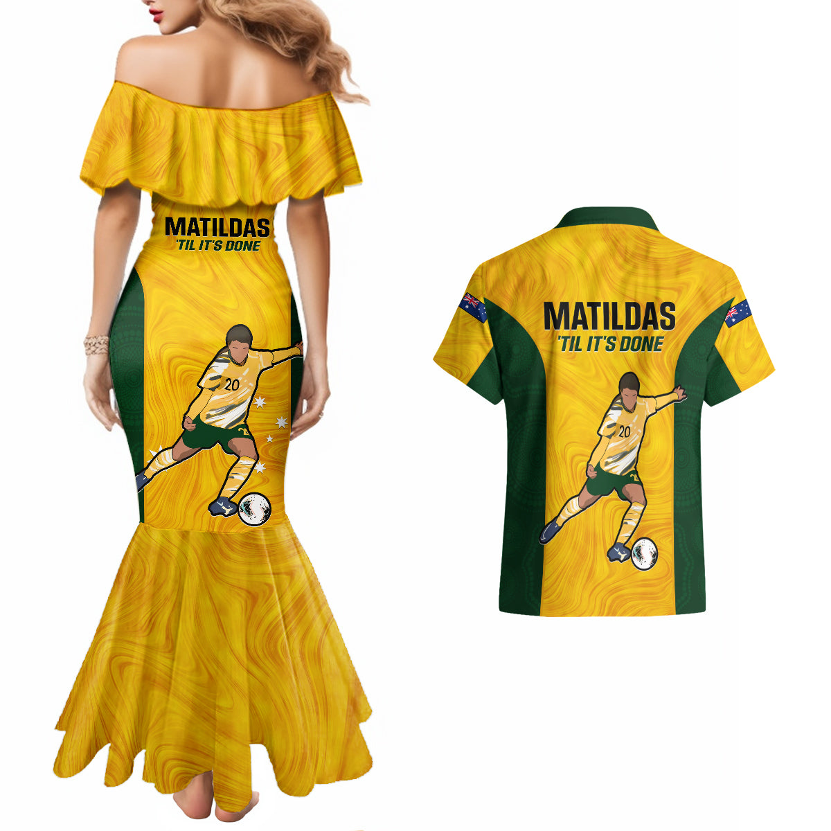 Australia Soccer Couples Matching Mermaid Dress and Hawaiian Shirt Sam Kerr Matildas Proud 2023 World Cup Yellow - Wonder Print Shop
