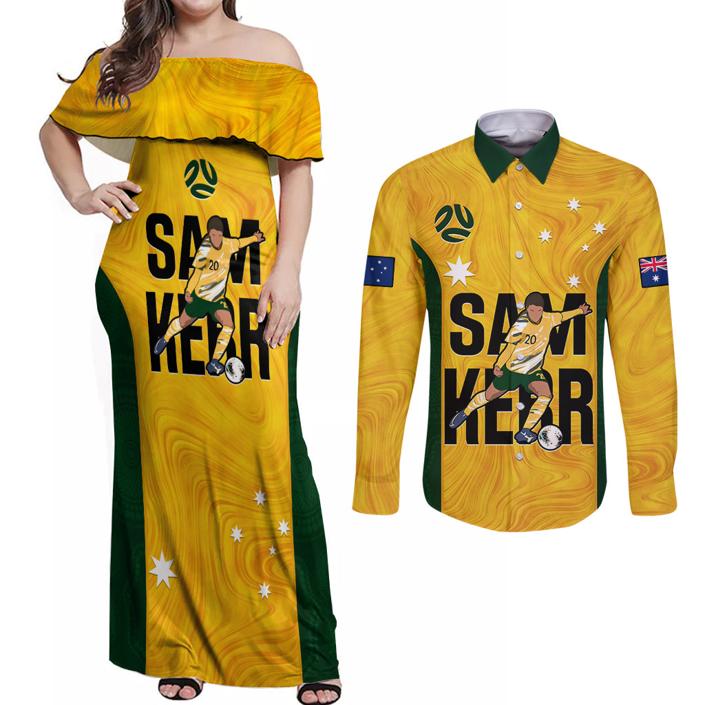 Australia Soccer Couples Matching Off Shoulder Maxi Dress and Long Sleeve Button Shirts Sam Kerr Matildas Proud 2023 World Cup Yellow - Wonder Print Shop