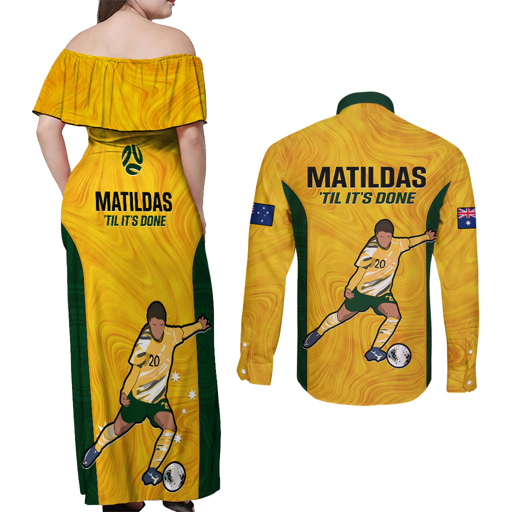 Australia Soccer Couples Matching Off Shoulder Maxi Dress and Long Sleeve Button Shirts Sam Kerr Matildas Proud 2023 World Cup Yellow - Wonder Print Shop