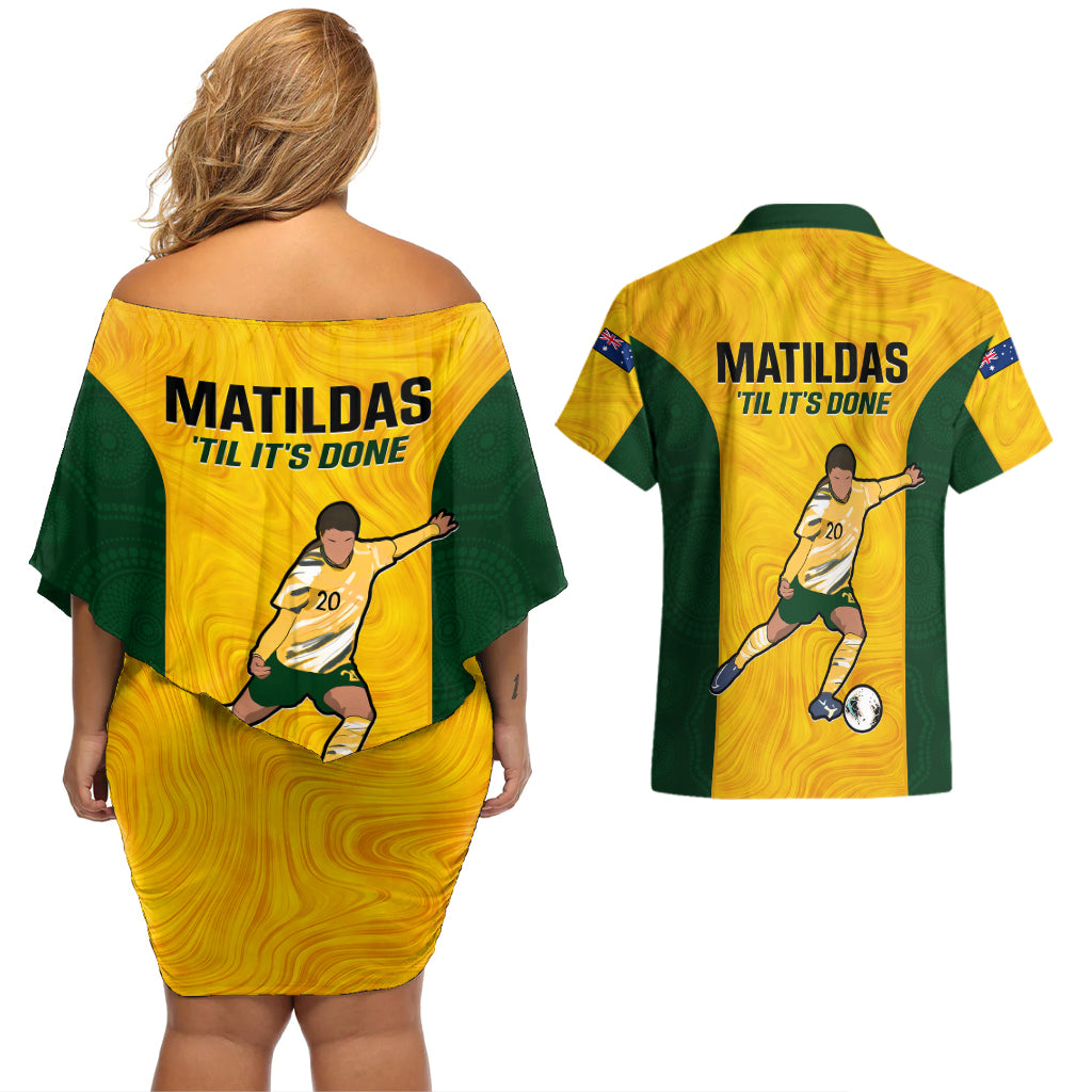 Australia Soccer Couples Matching Off Shoulder Short Dress and Hawaiian Shirt Sam Kerr Matildas Proud 2023 World Cup Yellow - Wonder Print Shop