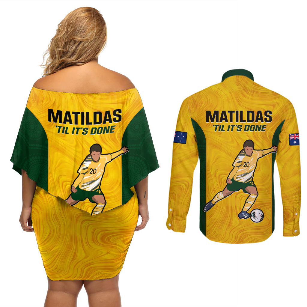 Australia Soccer Couples Matching Off Shoulder Short Dress and Long Sleeve Button Shirts Sam Kerr Matildas Proud 2023 World Cup Yellow - Wonder Print Shop