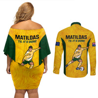 Australia Soccer Couples Matching Off Shoulder Short Dress and Long Sleeve Button Shirts Sam Kerr Matildas Proud 2023 World Cup Yellow - Wonder Print Shop
