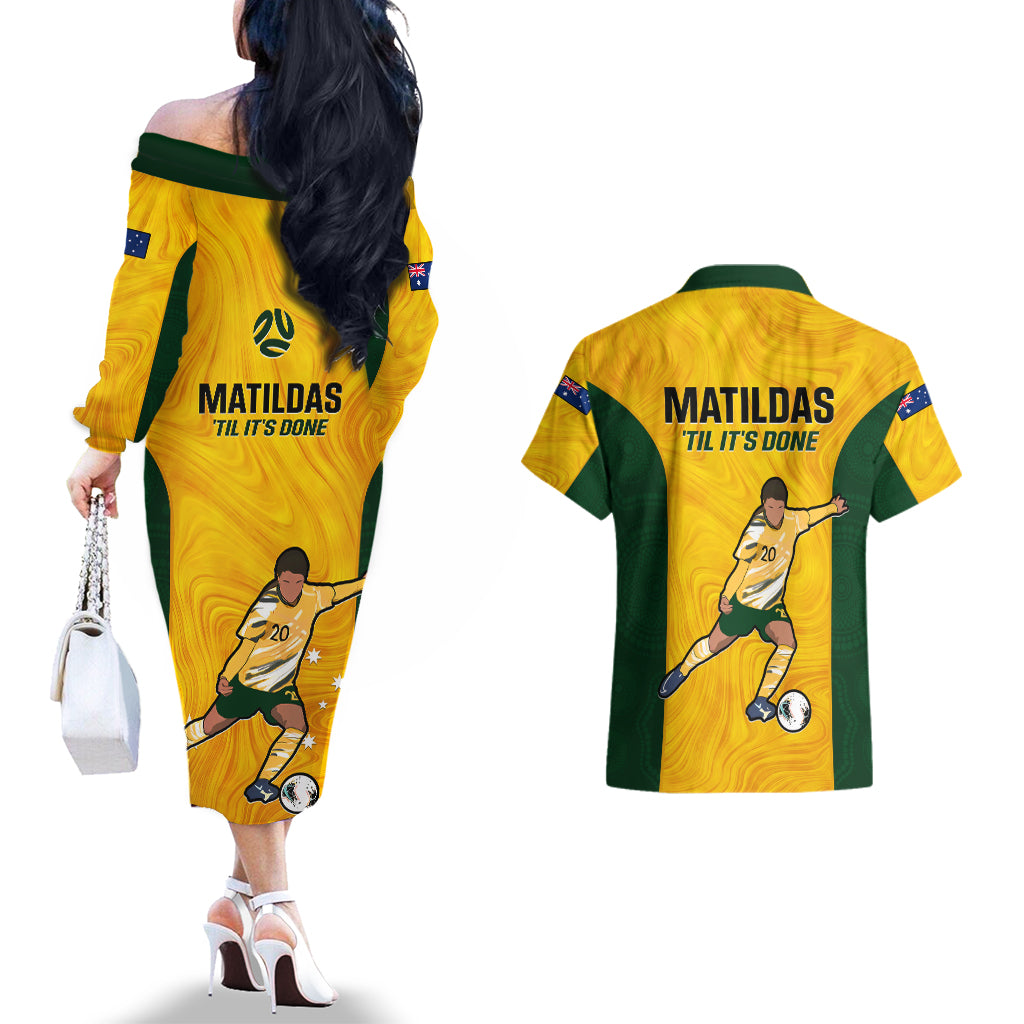 Australia Soccer Couples Matching Off The Shoulder Long Sleeve Dress and Hawaiian Shirt Sam Kerr Matildas Proud 2023 World Cup Yellow - Wonder Print Shop