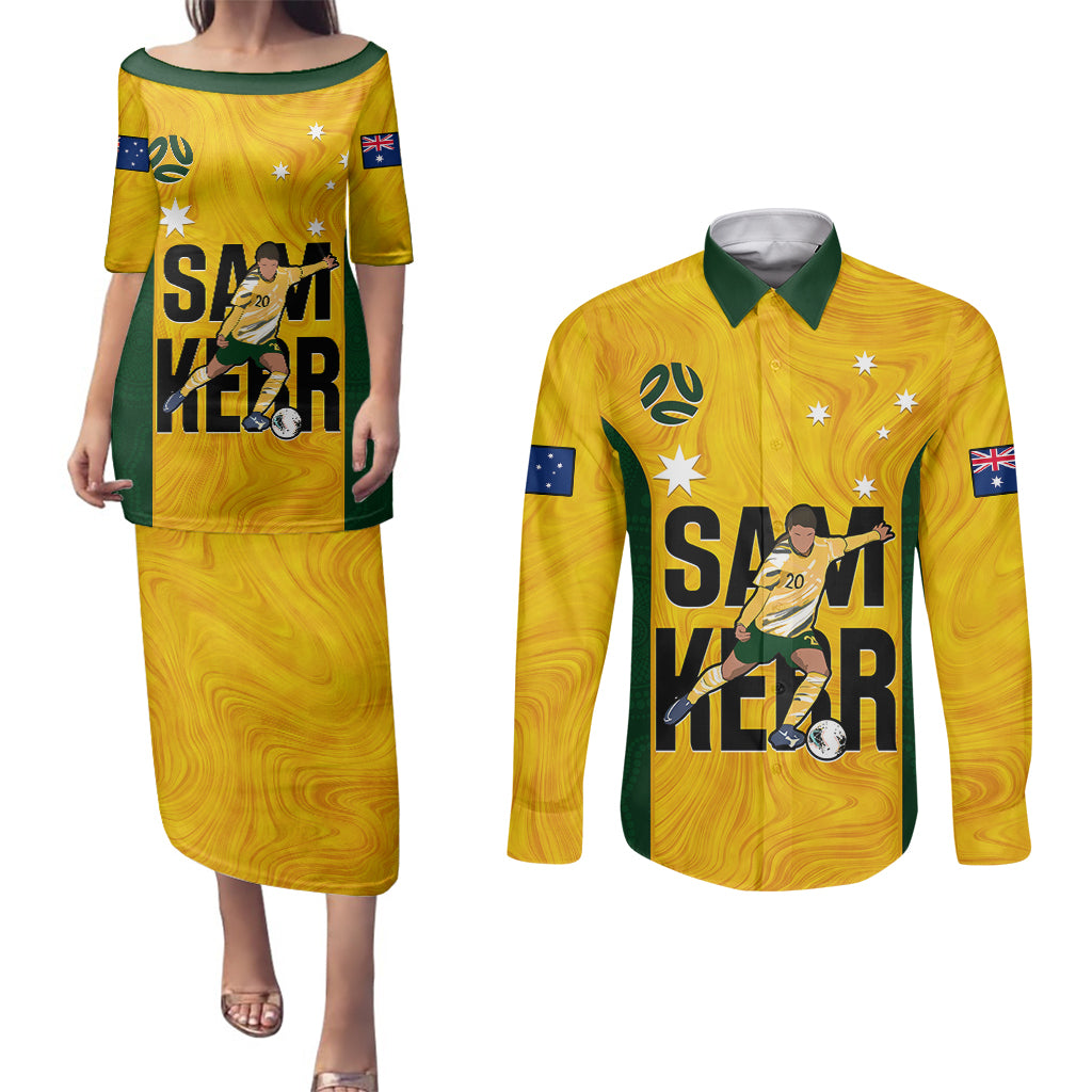 Australia Soccer Couples Matching Puletasi Dress and Long Sleeve Button Shirts Sam Kerr Matildas Proud 2023 World Cup Yellow - Wonder Print Shop