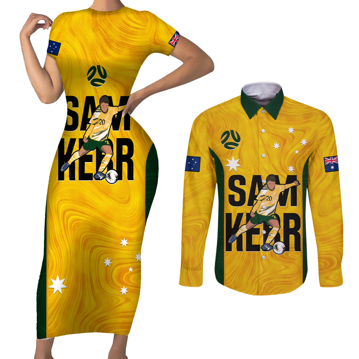 Australia Soccer Couples Matching Short Sleeve Bodycon Dress and Long Sleeve Button Shirts Sam Kerr Matildas Proud 2023 World Cup Yellow - Wonder Print Shop