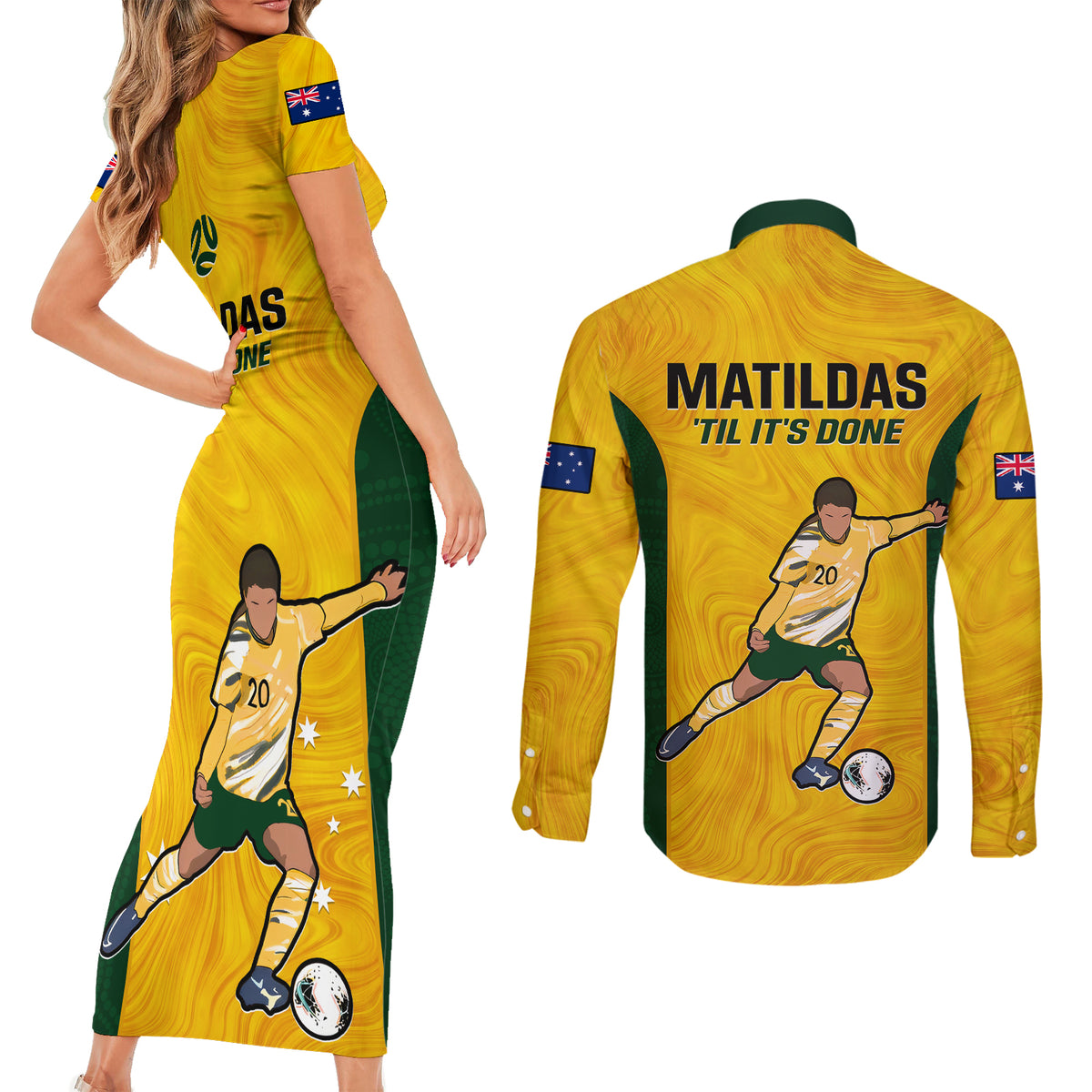 Australia Soccer Couples Matching Short Sleeve Bodycon Dress and Long Sleeve Button Shirts Sam Kerr Matildas Proud 2023 World Cup Yellow - Wonder Print Shop