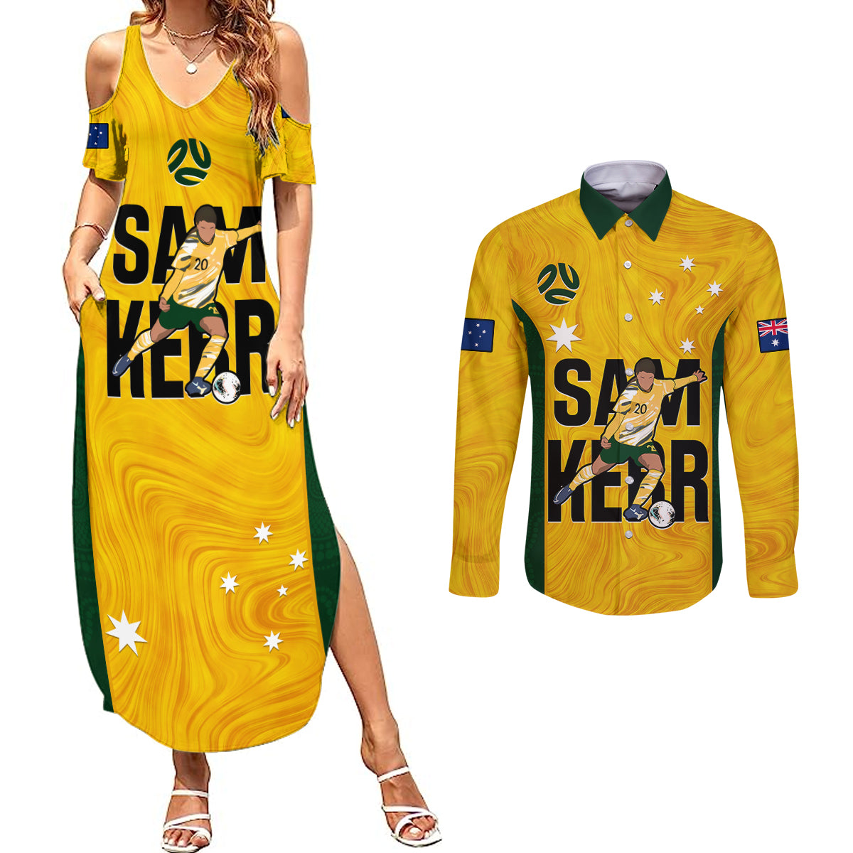 Australia Soccer Couples Matching Summer Maxi Dress and Long Sleeve Button Shirts Sam Kerr Matildas Proud 2023 World Cup Yellow - Wonder Print Shop
