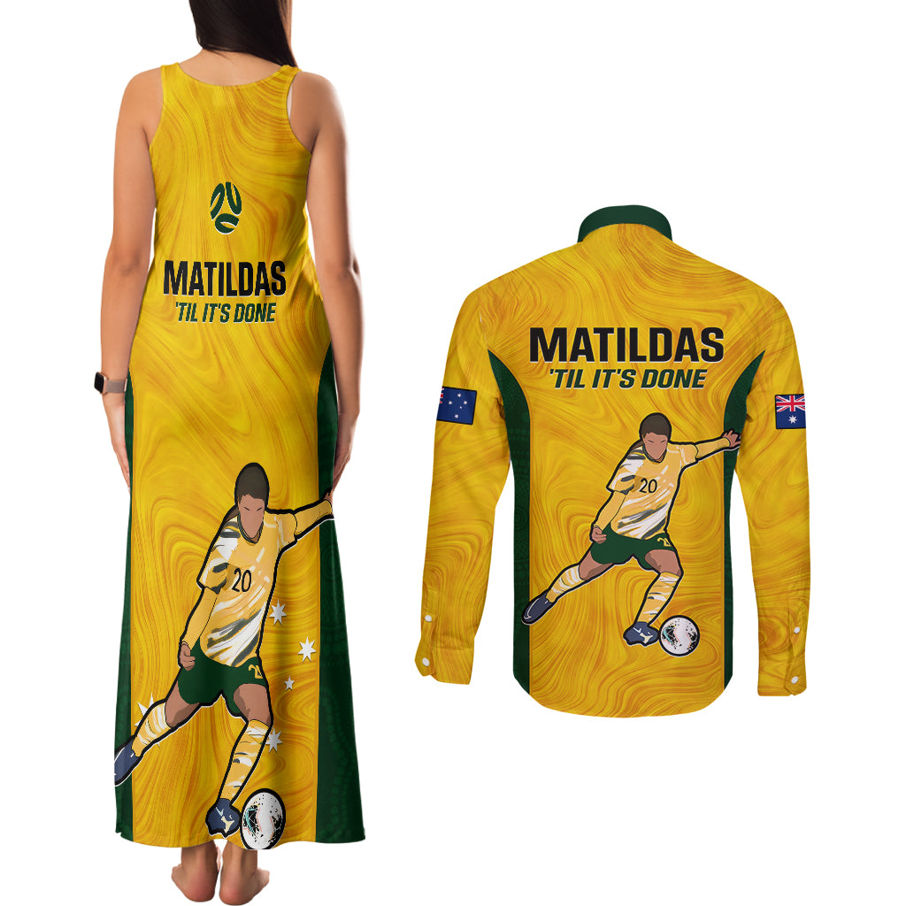 Australia Soccer Couples Matching Tank Maxi Dress and Long Sleeve Button Shirts Sam Kerr Matildas Proud 2023 World Cup Yellow - Wonder Print Shop
