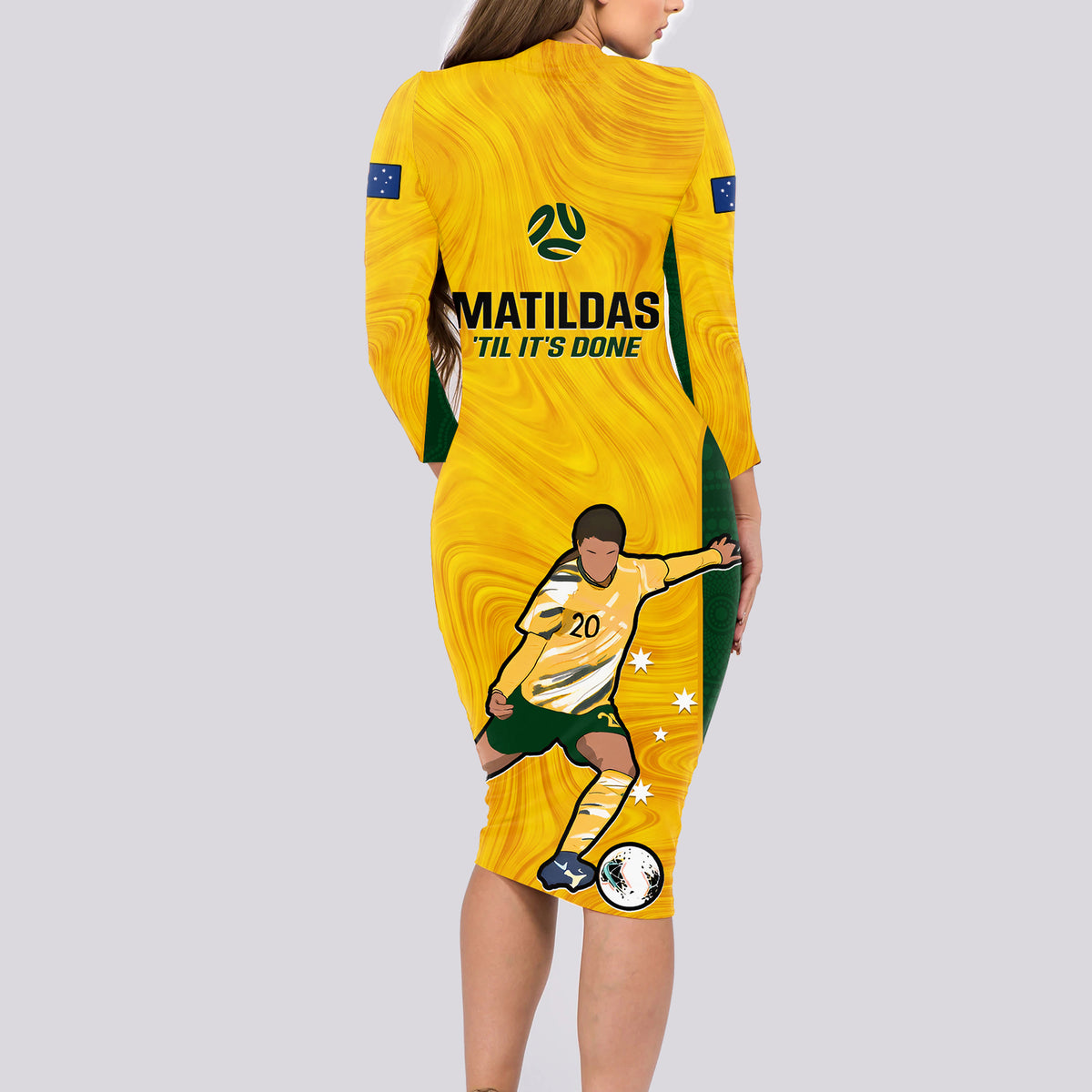 Australia Soccer Long Sleeve Bodycon Dress Sam Kerr Matildas Proud 2023 World Cup Yellow - Wonder Print Shop