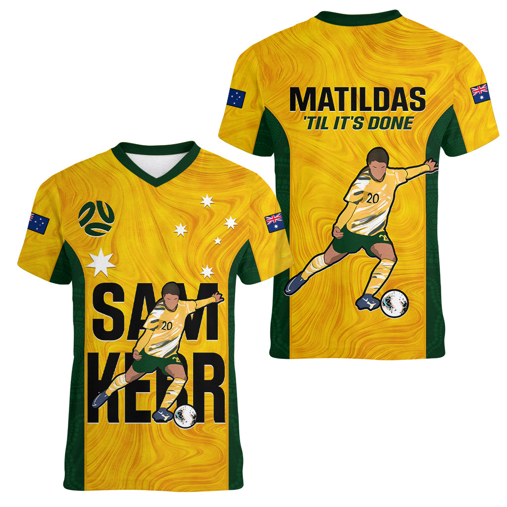 Australia Soccer Women V Neck T Shirt Sam Kerr Matildas Proud 2023 World Cup Yellow - Wonder Print Shop