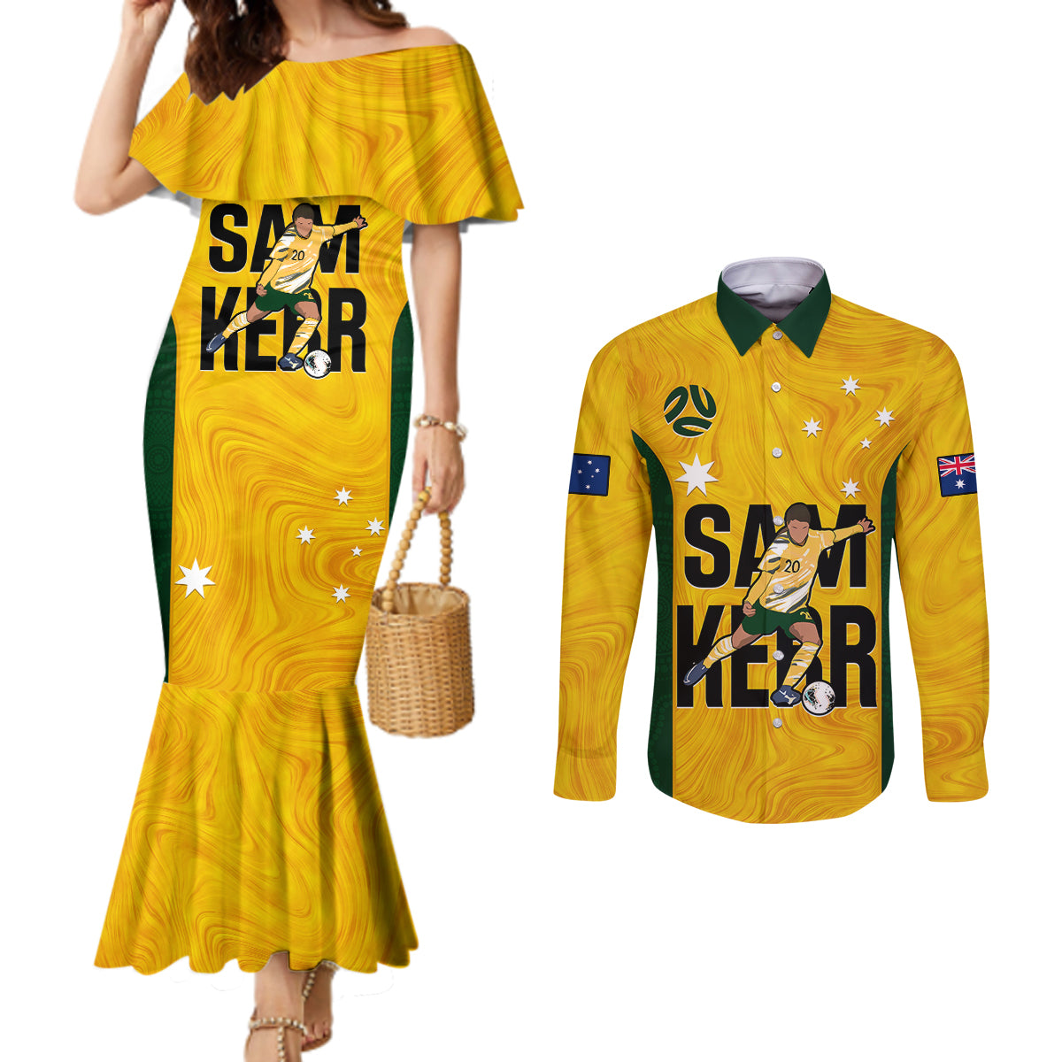 custom-australia-soccer-couples-matching-mermaid-dress-and-long-sleeve-button-shirts-sam-kerr-matildas-proud-2023-world-cup-yellow