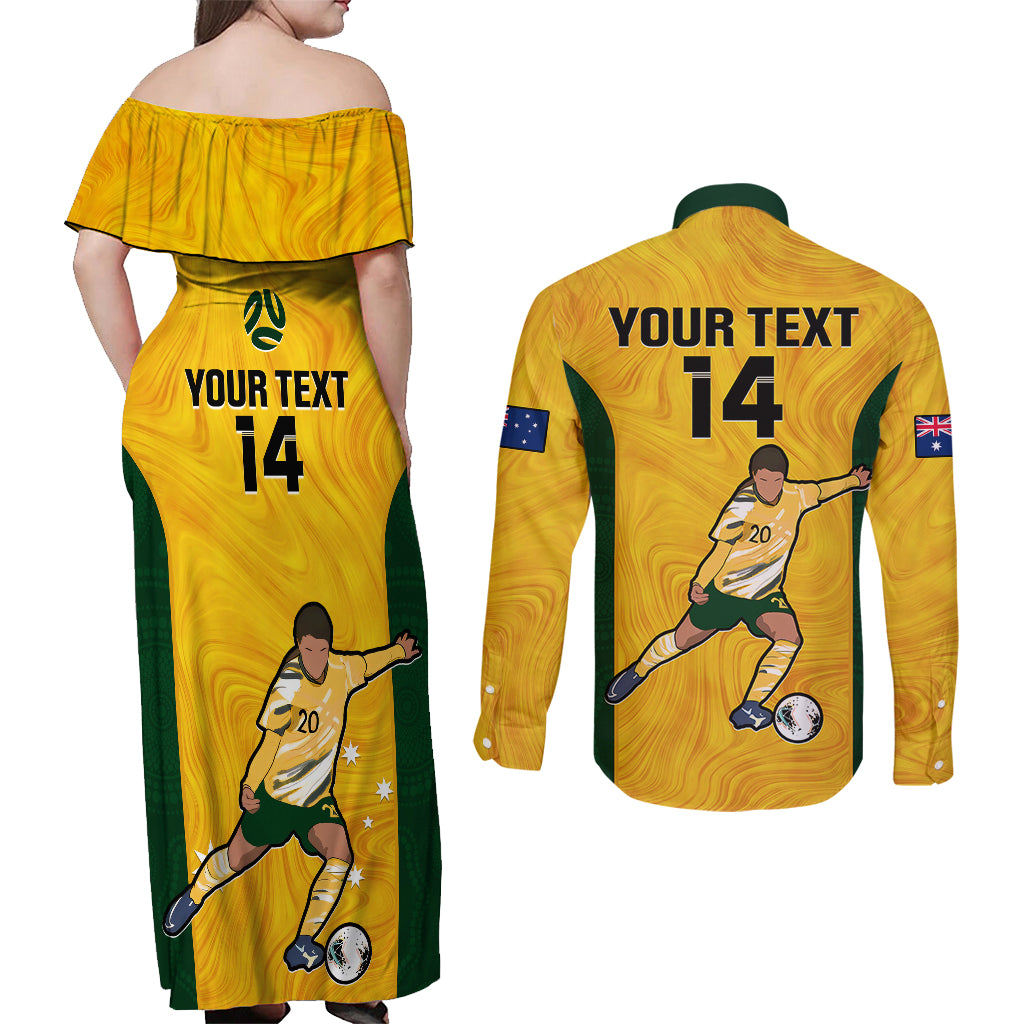 Custom Australia Soccer Couples Matching Off Shoulder Maxi Dress and Long Sleeve Button Shirts Sam Kerr Matildas Proud 2023 World Cup Yellow - Wonder Print Shop