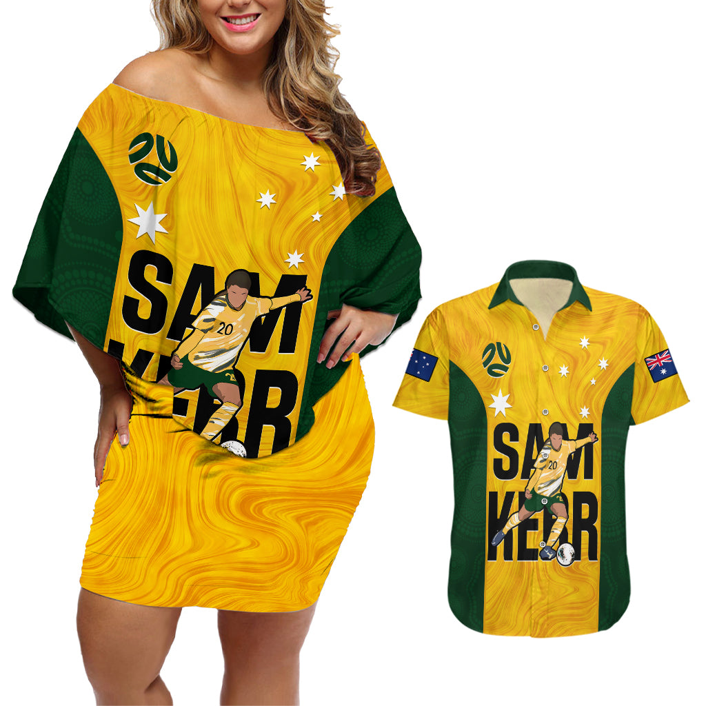Custom Australia Soccer Couples Matching Off Shoulder Short Dress and Hawaiian Shirt Sam Kerr Matildas Proud 2023 World Cup Yellow - Wonder Print Shop
