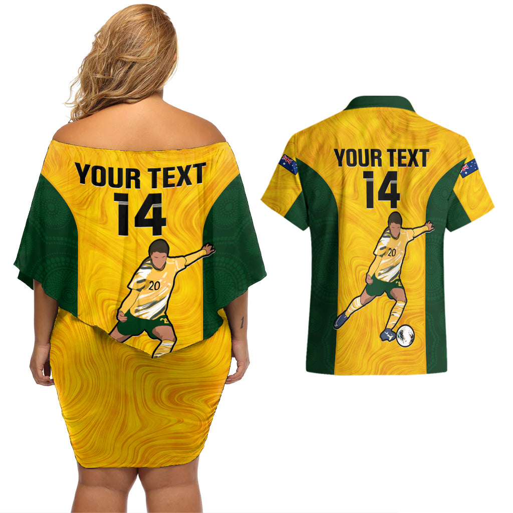 Custom Australia Soccer Couples Matching Off Shoulder Short Dress and Hawaiian Shirt Sam Kerr Matildas Proud 2023 World Cup Yellow - Wonder Print Shop