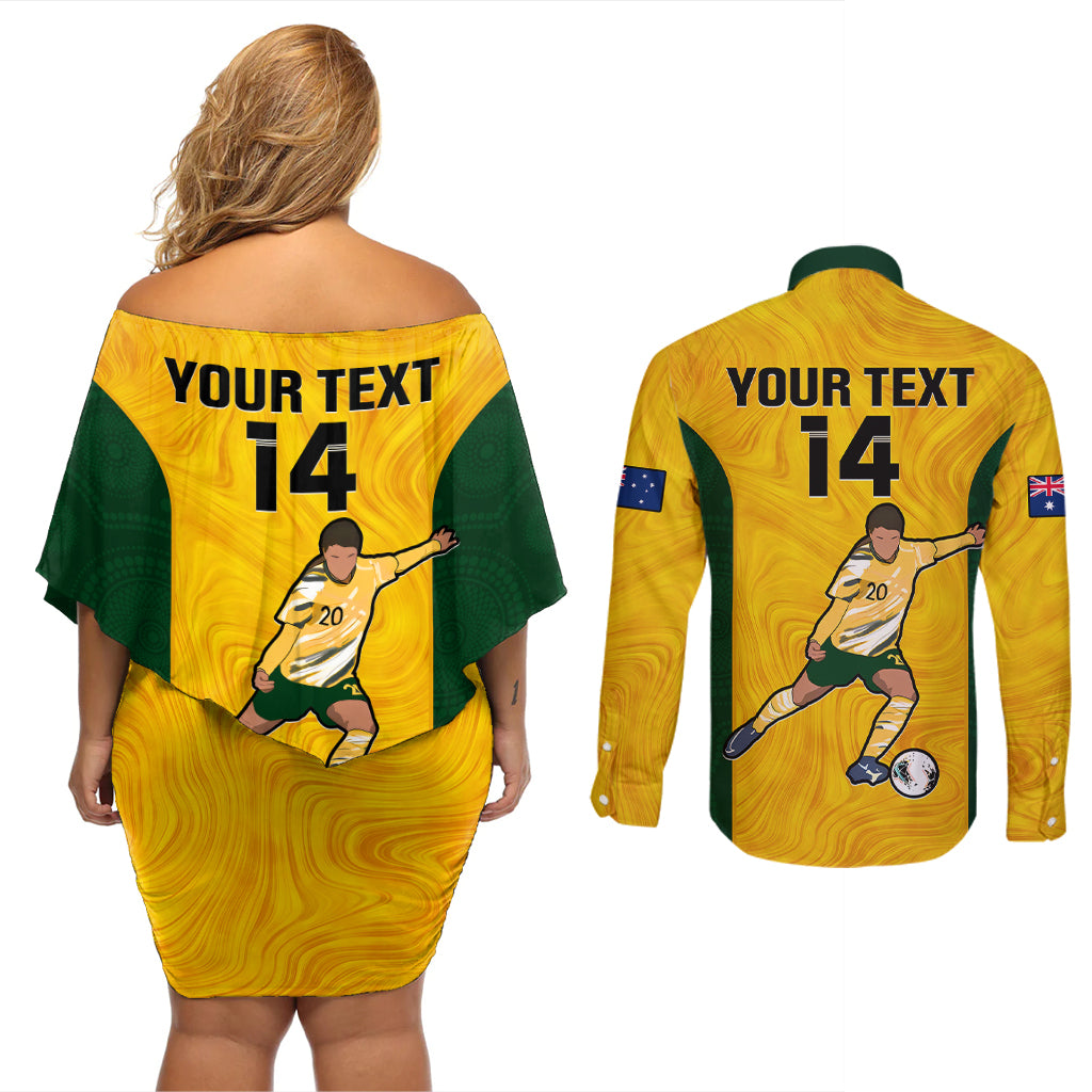 Custom Australia Soccer Couples Matching Off Shoulder Short Dress and Long Sleeve Button Shirts Sam Kerr Matildas Proud 2023 World Cup Yellow - Wonder Print Shop