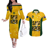 Custom Australia Soccer Couples Matching Off The Shoulder Long Sleeve Dress and Hawaiian Shirt Sam Kerr Matildas Proud 2023 World Cup Yellow - Wonder Print Shop