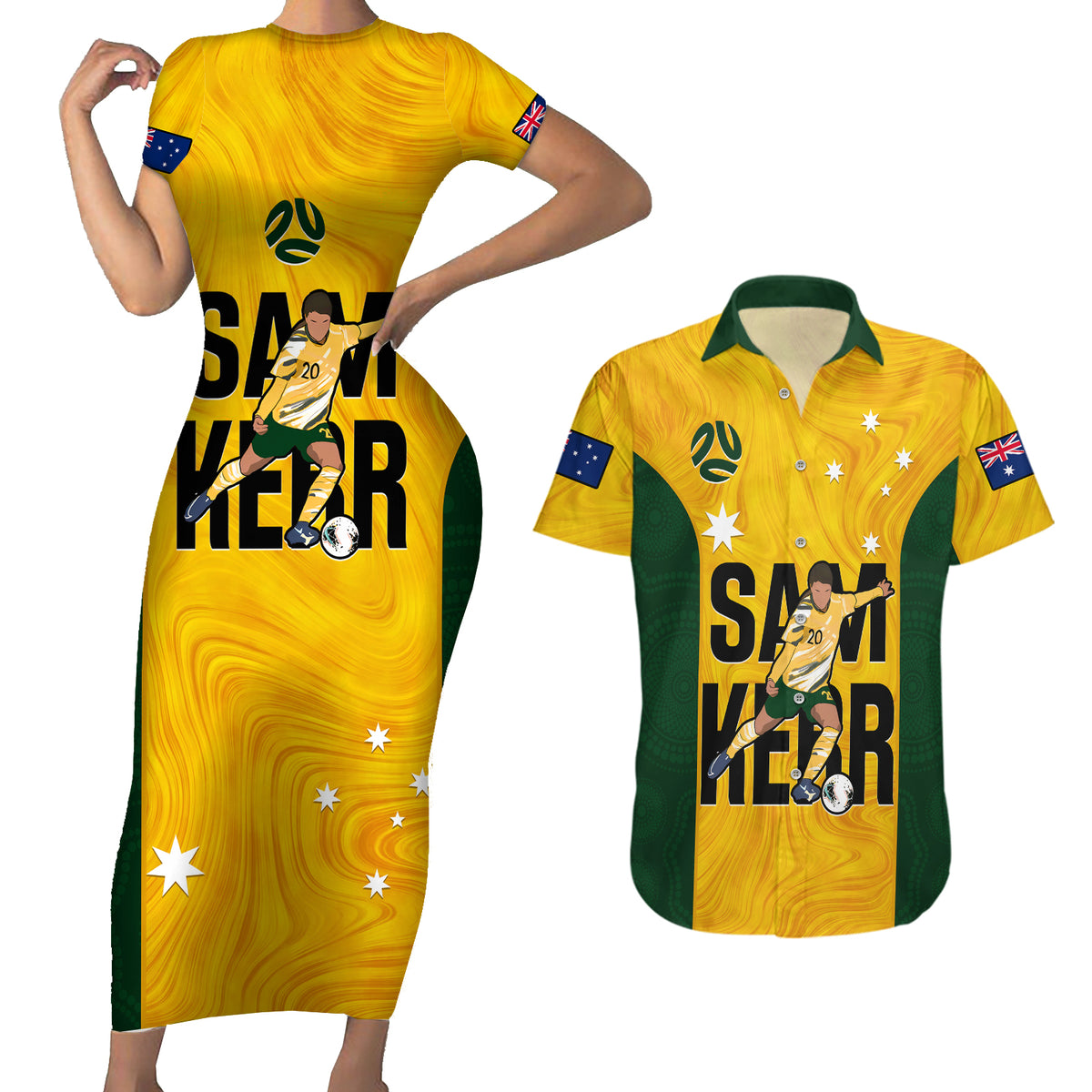 Custom Australia Soccer Couples Matching Short Sleeve Bodycon Dress and Hawaiian Shirt Sam Kerr Matildas Proud 2023 World Cup Yellow - Wonder Print Shop