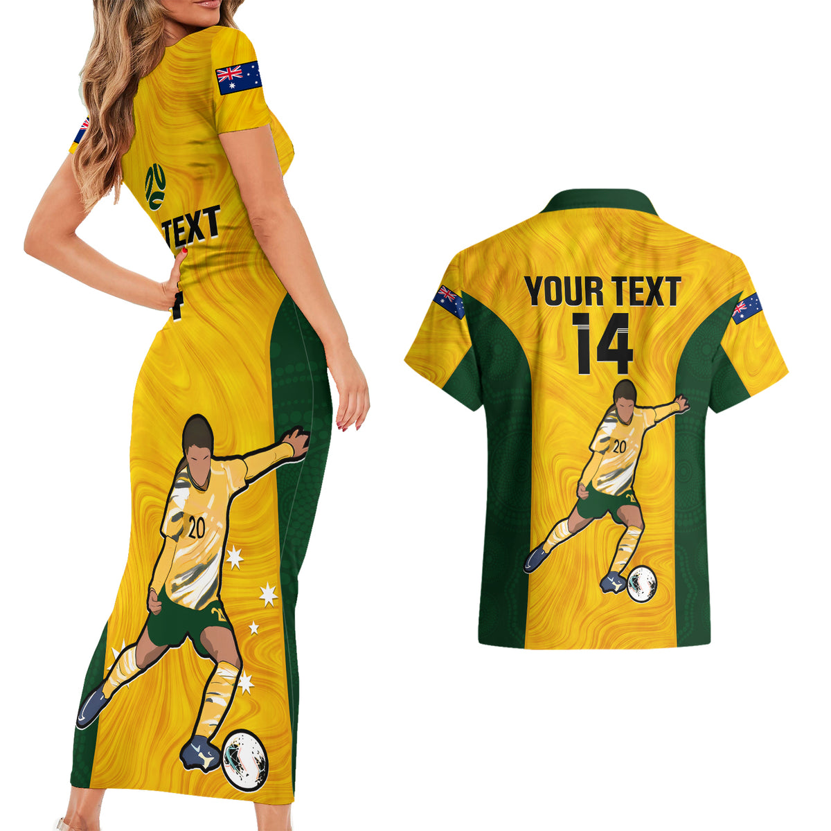 Custom Australia Soccer Couples Matching Short Sleeve Bodycon Dress and Hawaiian Shirt Sam Kerr Matildas Proud 2023 World Cup Yellow - Wonder Print Shop