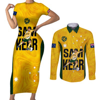 Custom Australia Soccer Couples Matching Short Sleeve Bodycon Dress and Long Sleeve Button Shirts Sam Kerr Matildas Proud 2023 World Cup Yellow - Wonder Print Shop