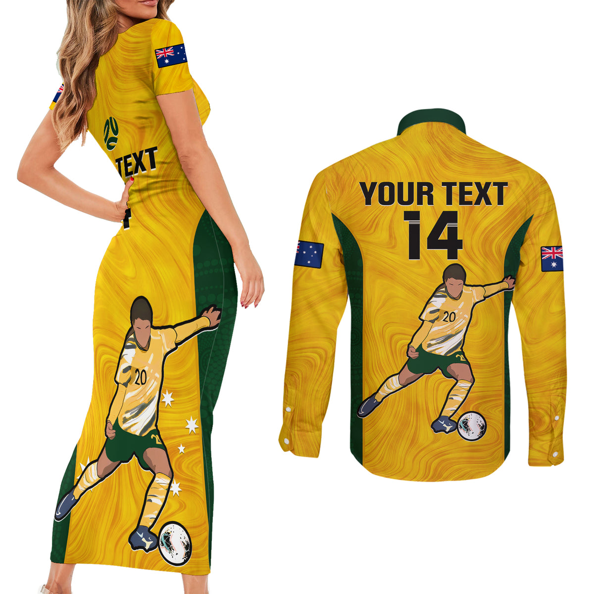Custom Australia Soccer Couples Matching Short Sleeve Bodycon Dress and Long Sleeve Button Shirts Sam Kerr Matildas Proud 2023 World Cup Yellow - Wonder Print Shop