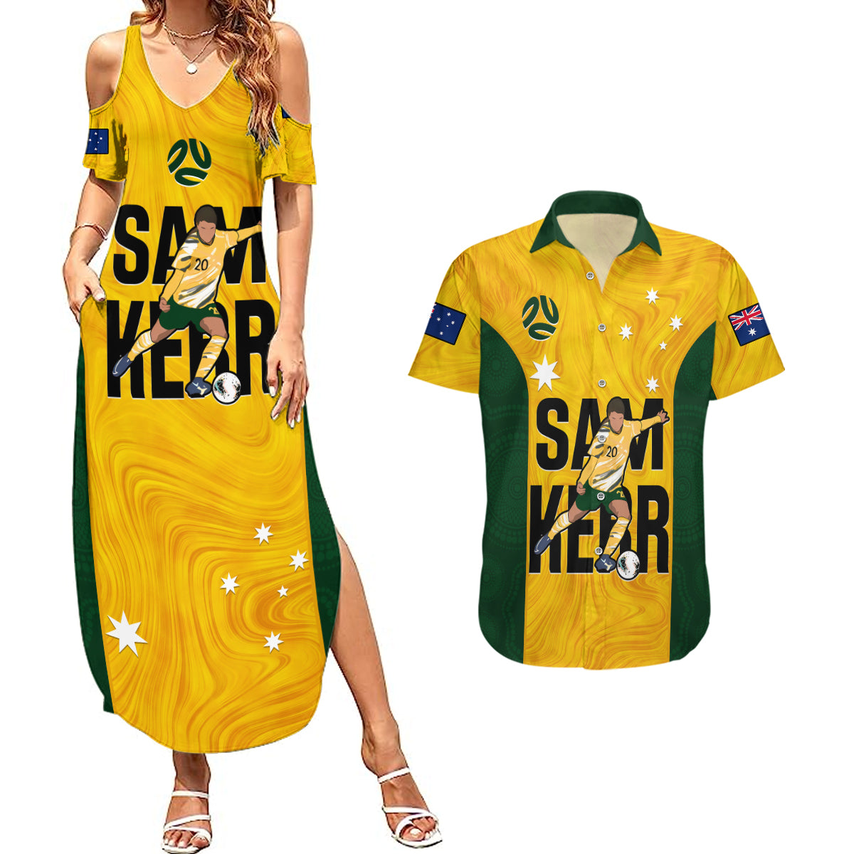 Custom Australia Soccer Couples Matching Summer Maxi Dress and Hawaiian Shirt Sam Kerr Matildas Proud 2023 World Cup Yellow - Wonder Print Shop