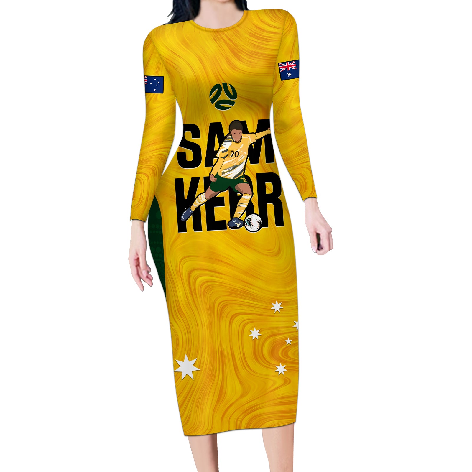 Custom Australia Soccer Long Sleeve Bodycon Dress Sam Kerr Matildas Proud 2023 World Cup Yellow - Wonder Print Shop