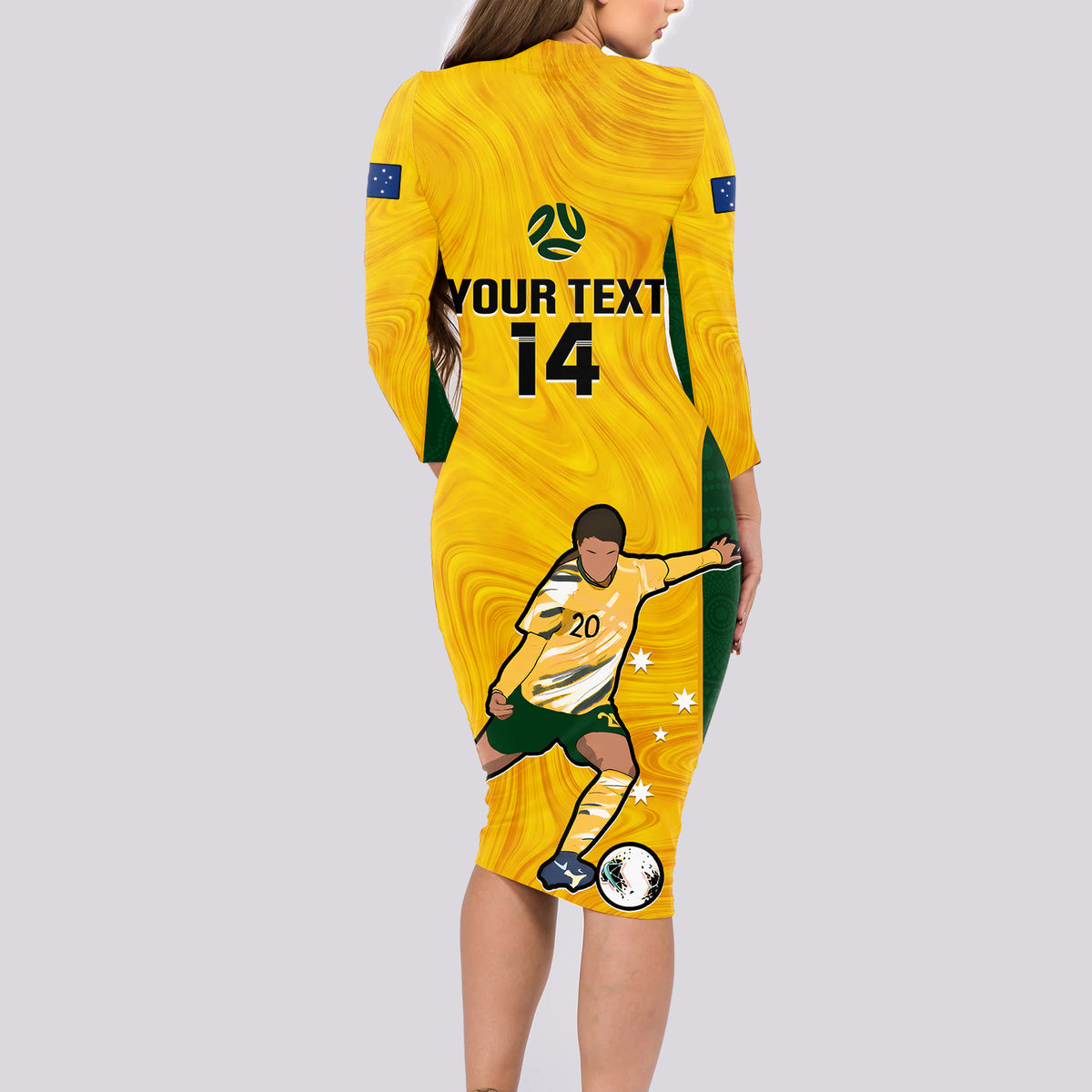 Custom Australia Soccer Long Sleeve Bodycon Dress Sam Kerr Matildas Proud 2023 World Cup Yellow - Wonder Print Shop