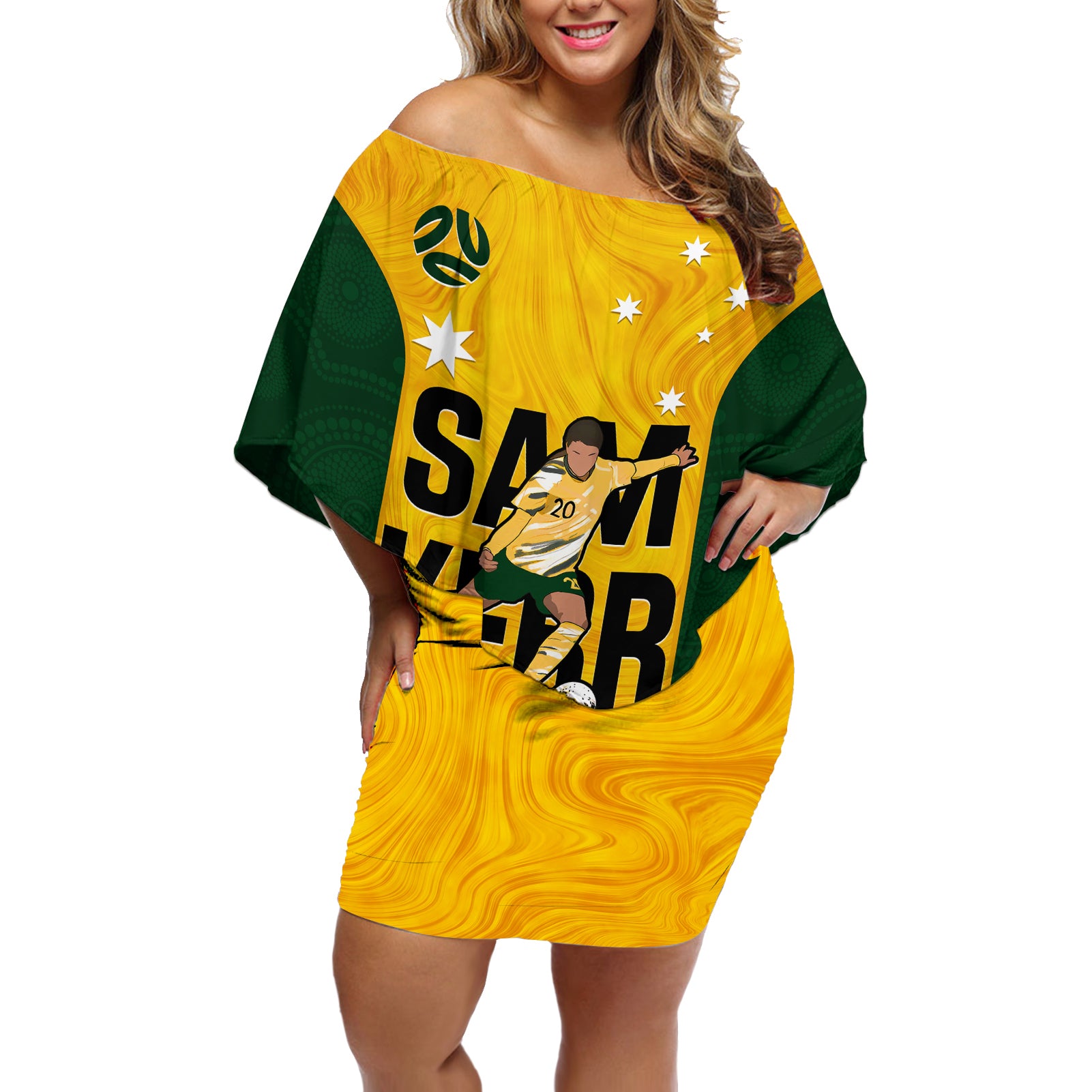 Custom Australia Soccer Off Shoulder Short Dress Sam Kerr Matildas Proud 2023 World Cup Yellow - Wonder Print Shop