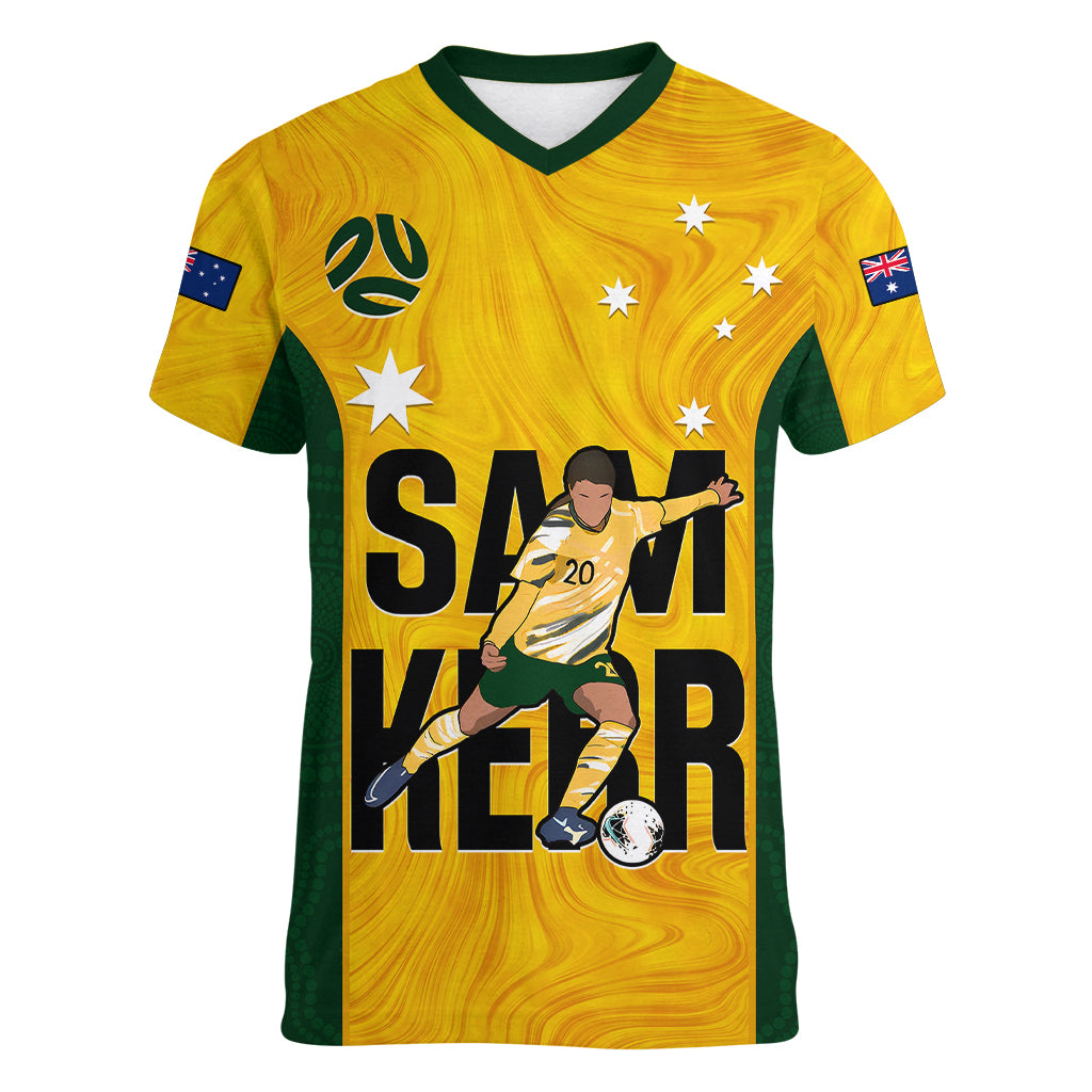 Custom Australia Soccer Women V Neck T Shirt Sam Kerr Matildas Proud 2023 World Cup Yellow - Wonder Print Shop