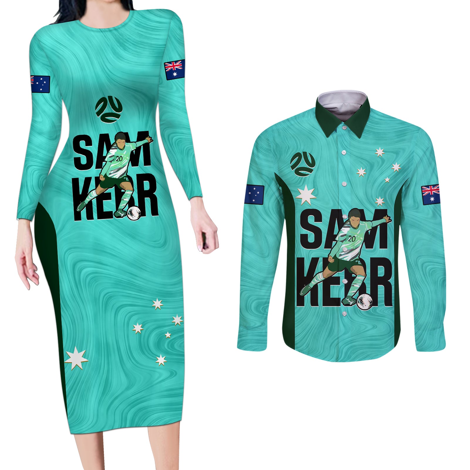 Australia Soccer Couples Matching Long Sleeve Bodycon Dress and Long Sleeve Button Shirts Sam Kerr Matildas Proud 2023 World Cup Turquoise - Wonder Print Shop