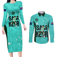 Australia Soccer Couples Matching Long Sleeve Bodycon Dress and Long Sleeve Button Shirts Sam Kerr Matildas Proud 2023 World Cup Turquoise - Wonder Print Shop