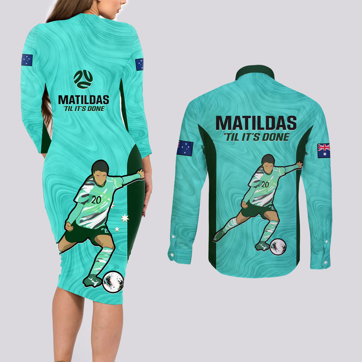 Australia Soccer Couples Matching Long Sleeve Bodycon Dress and Long Sleeve Button Shirts Sam Kerr Matildas Proud 2023 World Cup Turquoise - Wonder Print Shop