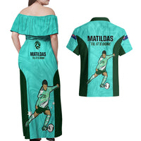 Australia Soccer Couples Matching Off Shoulder Maxi Dress and Hawaiian Shirt Sam Kerr Matildas Proud 2023 World Cup Turquoise - Wonder Print Shop
