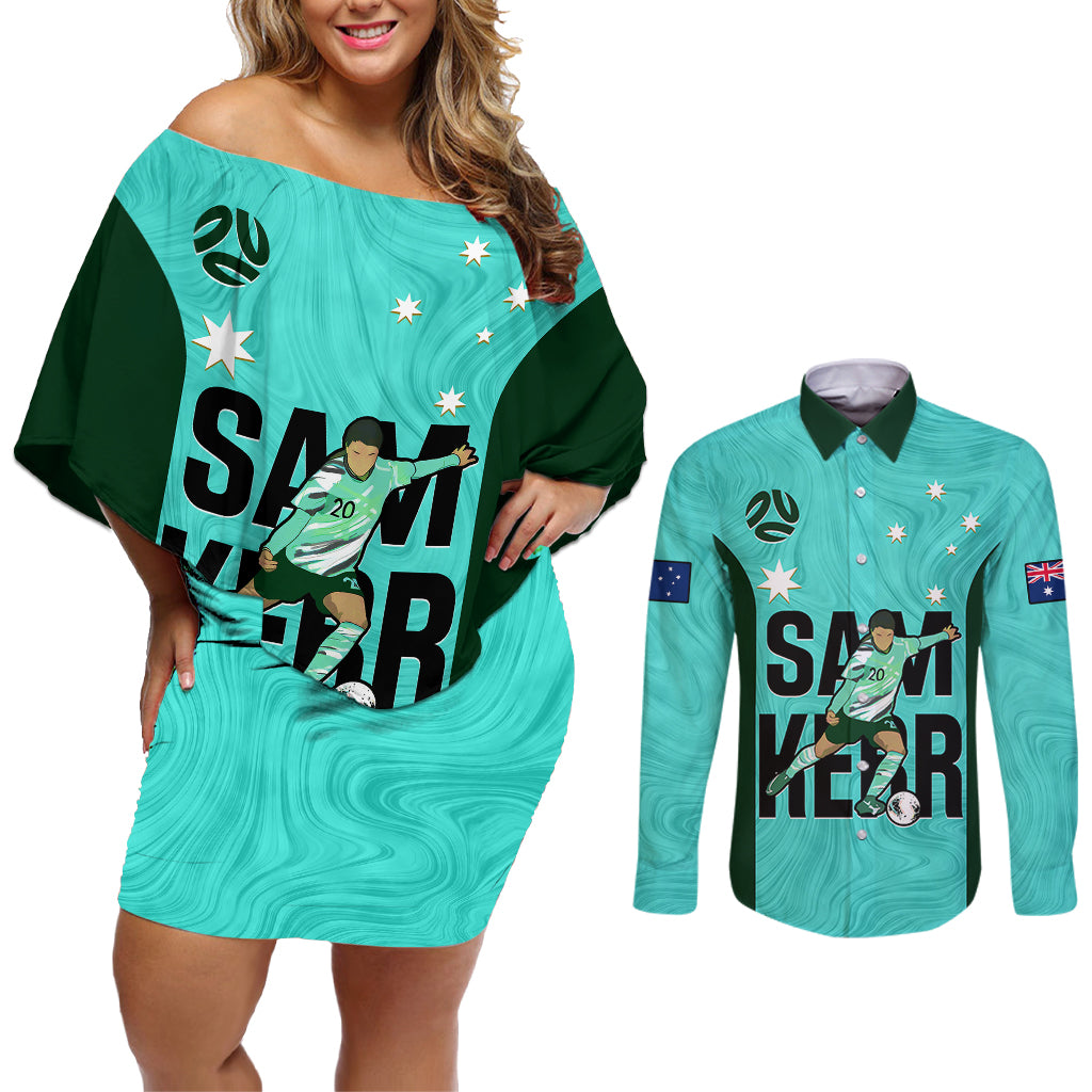Australia Soccer Couples Matching Off Shoulder Short Dress and Long Sleeve Button Shirts Sam Kerr Matildas Proud 2023 World Cup Turquoise - Wonder Print Shop