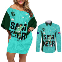Australia Soccer Couples Matching Off Shoulder Short Dress and Long Sleeve Button Shirts Sam Kerr Matildas Proud 2023 World Cup Turquoise - Wonder Print Shop