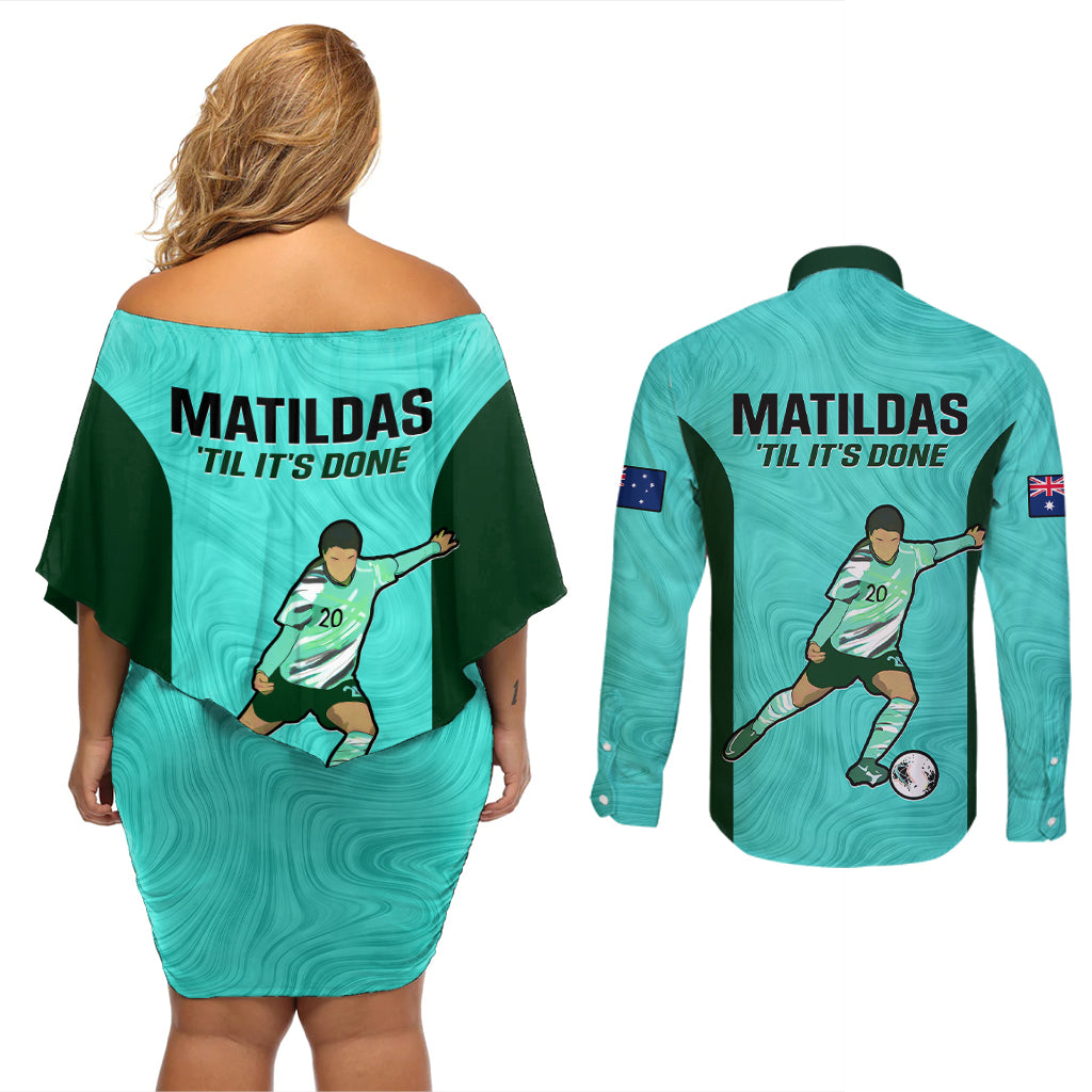 Australia Soccer Couples Matching Off Shoulder Short Dress and Long Sleeve Button Shirts Sam Kerr Matildas Proud 2023 World Cup Turquoise - Wonder Print Shop