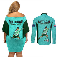Australia Soccer Couples Matching Off Shoulder Short Dress and Long Sleeve Button Shirts Sam Kerr Matildas Proud 2023 World Cup Turquoise - Wonder Print Shop