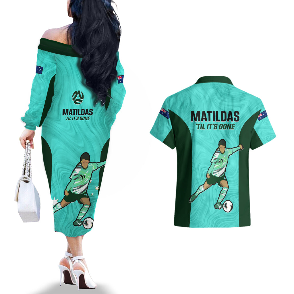 Australia Soccer Couples Matching Off The Shoulder Long Sleeve Dress and Hawaiian Shirt Sam Kerr Matildas Proud 2023 World Cup Turquoise - Wonder Print Shop