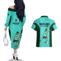 Australia Soccer Couples Matching Off The Shoulder Long Sleeve Dress and Hawaiian Shirt Sam Kerr Matildas Proud 2023 World Cup Turquoise - Wonder Print Shop