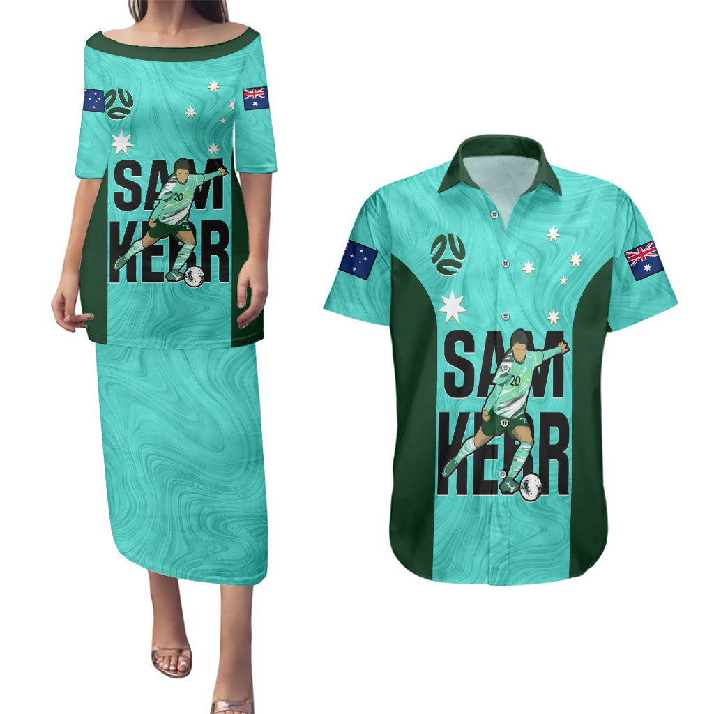 Australia Soccer Couples Matching Puletasi Dress and Hawaiian Shirt Sam Kerr Matildas Proud 2023 World Cup Turquoise - Wonder Print Shop
