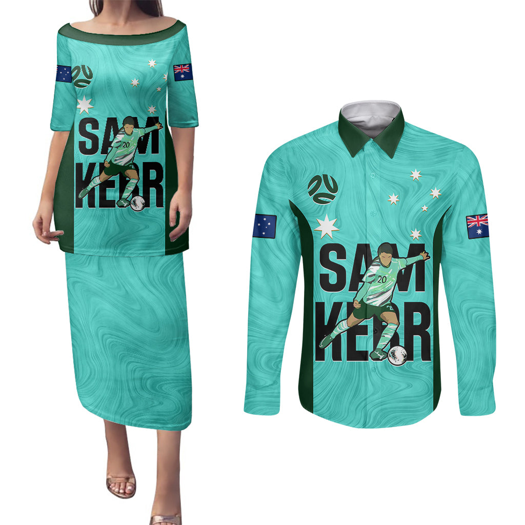 Australia Soccer Couples Matching Puletasi Dress and Long Sleeve Button Shirts Sam Kerr Matildas Proud 2023 World Cup Turquoise - Wonder Print Shop