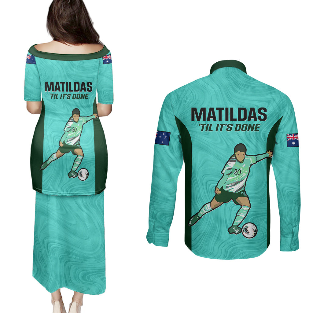 Australia Soccer Couples Matching Puletasi Dress and Long Sleeve Button Shirts Sam Kerr Matildas Proud 2023 World Cup Turquoise - Wonder Print Shop