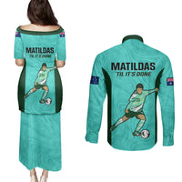 Australia Soccer Couples Matching Puletasi Dress and Long Sleeve Button Shirts Sam Kerr Matildas Proud 2023 World Cup Turquoise - Wonder Print Shop