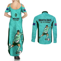 Australia Soccer Couples Matching Summer Maxi Dress and Long Sleeve Button Shirts Sam Kerr Matildas Proud 2023 World Cup Turquoise - Wonder Print Shop