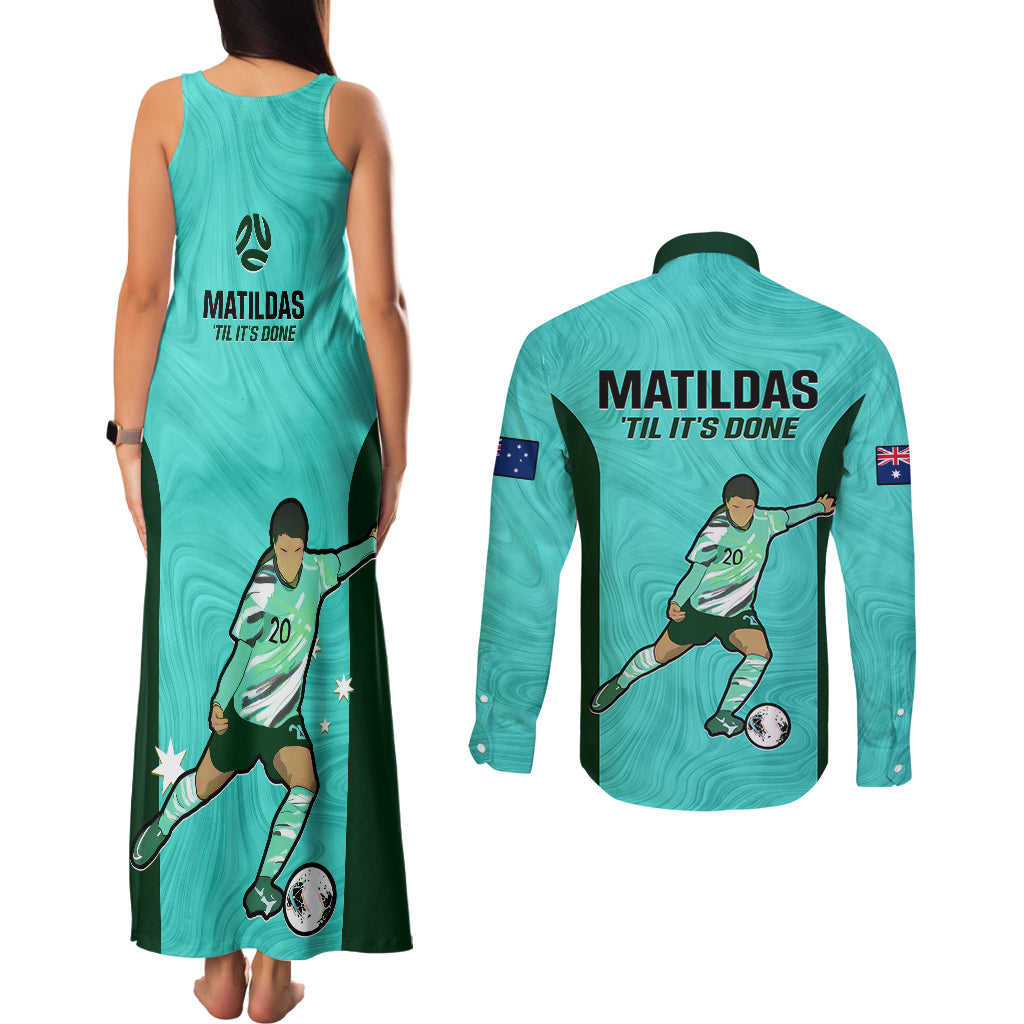 Australia Soccer Couples Matching Tank Maxi Dress and Long Sleeve Button Shirts Sam Kerr Matildas Proud 2023 World Cup Turquoise - Wonder Print Shop