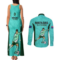 Australia Soccer Couples Matching Tank Maxi Dress and Long Sleeve Button Shirts Sam Kerr Matildas Proud 2023 World Cup Turquoise - Wonder Print Shop