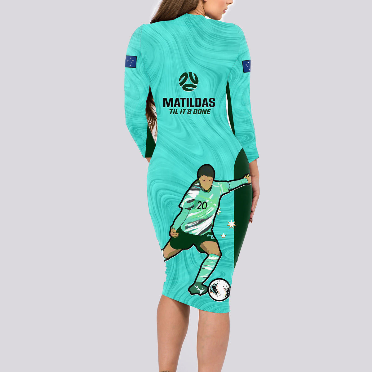 Australia Soccer Long Sleeve Bodycon Dress Sam Kerr Matildas Proud 2023 World Cup Turquoise - Wonder Print Shop
