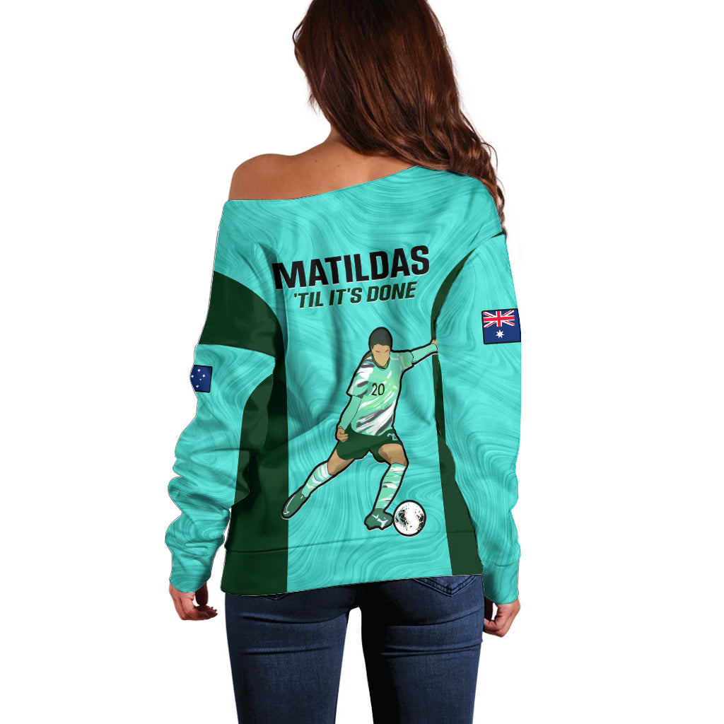 Australia Soccer Off Shoulder Sweater Sam Kerr Matildas Proud 2023 World Cup Turquoise - Wonder Print Shop